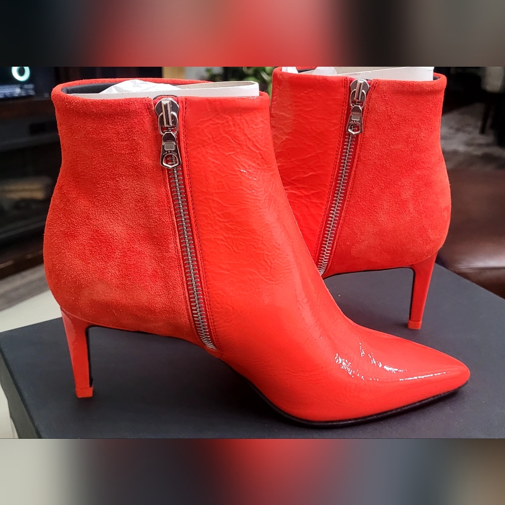 rag & bone Red Patent and Suede Pointed-Toe Ankle Boots